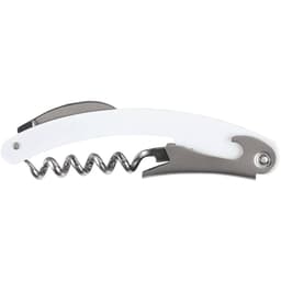 A white waitress knife with a silver corkscrew and a built-in bottle opener. It features a sleek design and logo.