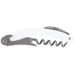 A waitress knife featuring a white handle and stainless steel corkscrew, with an integrated bottle opener.