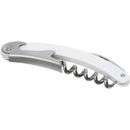 A white and stainless steel waitress knife with a corkscrew and bottle opener. It features a sleek design and a logo.