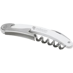 A white and silver waitress knife with a corkscrew and a bottle opener. Includes branding.