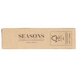 A cardboard box with a natural brown finish, featuring a logo and text branding for the product "Seasons".