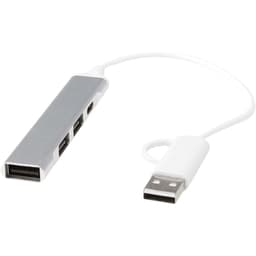 A silver USB hub with four ports, including USB-A and Type-C connections, attached to a white cable.