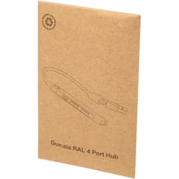 A brown cardboard packaging featuring a sketch of the Alkaid 4-Port Recycled Aluminium USB-A & Type-C Hub with dual input.