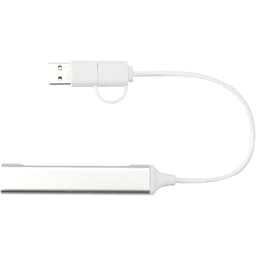 A silver aluminium USB-A and Type-C hub with a dual input and a white connecting cable. It has a logo on the surface.