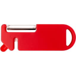 A red multi-purpose kitchen tool with a peeler and a handle. It features a simple, sleek design and includes a logo.