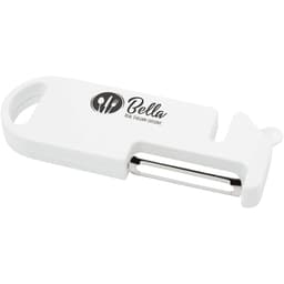 A white multi-purpose kitchen tool with a peeler and a logo.
