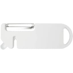 A white multi-purpose kitchen tool with a peeler and a handle. It has a simple, sleek design.