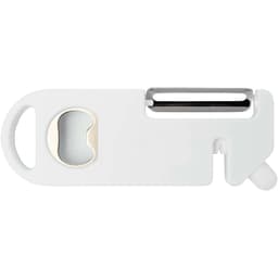 A multi-purpose kitchen tool in white, featuring a peeler, lid opener, and small cutting edge. It has a logo.