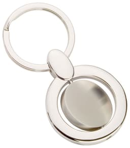 A silver swivel keyring featuring a circular design with a smooth finish and a central pivot point.