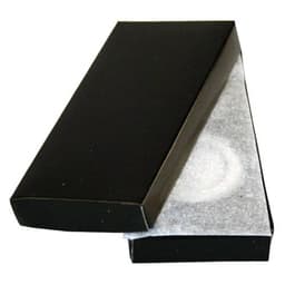 A black rectangular box partially opened, revealing a white cushioning material inside.