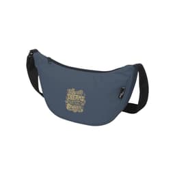 A dark blue waist bag with a curved design and a logo on the front, featuring an adjustable strap.