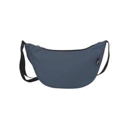 A blue waist bag with a zippered closure and an adjustable strap, featuring a logo.