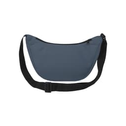 A grey waist bag with a black strap and a zippered closure, featuring a logo.