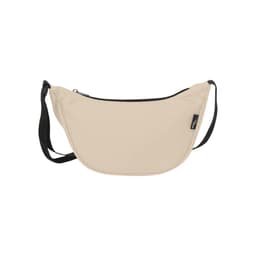 A beige waist bag featuring a black zipper and strap, designed with a simple, curved shape. It has a logo on it.