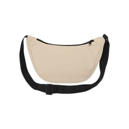 A beige waist bag with a black strap and a zippered compartment, featuring a logo.