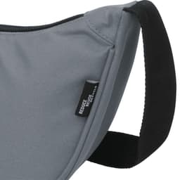 A grey waist bag with a black strap and a logo tag, featuring a sleek design for casual use.