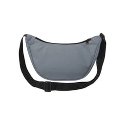 A grey recycled waist bag with a zip closure and an adjustable black strap. It features a logo.