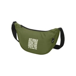 An olive green waist bag with a shoulder strap and a logo, featuring a motivational text design.