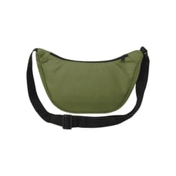 An olive green waist bag with a black adjustable strap and a zippered compartment. It features a logo.