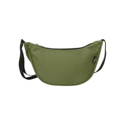 A green recycled waist bag with a zip closure and an adjustable strap, featuring a logo.