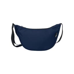 A navy blue waist bag with a curved design, featuring a zipper closure and an adjustable strap. It has a logo.