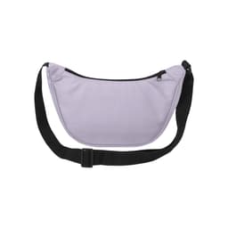 A lilac recycled waist bag with a black strap and zipper, featuring a logo.