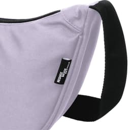 A grey waist bag with a black strap and a logo tag attached to the side.