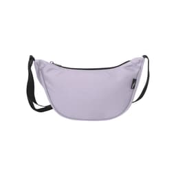 A purple recycled waist bag with a black zipper and adjustable strap, featuring a logo on the side.