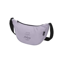 A lavender waist bag with a black strap and a branded logo, featuring text on the front.