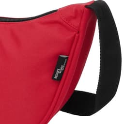 A red waist bag with a black strap and a tag, featuring a textured fabric design.