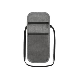 A grey travel pouch with multiple compartments, a mesh pocket, and a shoulder strap. It features a logo.