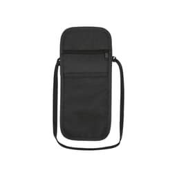A black recycled travel pouch with a zippered pocket and a shoulder strap, featuring a textured fabric.