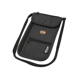 A grey recycled travel pouch with a strap, featuring multiple zippered pockets and a logo.