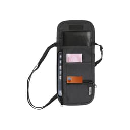 A grey recycled travel pouch with compartments for a phone, cards, and cash, featuring a logo.