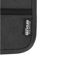 A grey travel pouch made from recycled polyester with a zip closure and a label indicating its material.