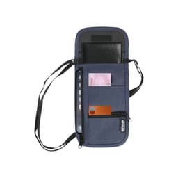 A navy blue travel pouch with multiple compartments, holding a phone, cards, and a passport. Features a logo.