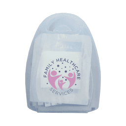 A portable first aid kit in a transparent case, featuring assorted medical supplies and a logo on the front.