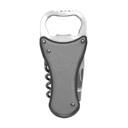A drink bottle opener in silver and black. It features a corkscrew and has a logo on the handle.