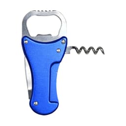 A drink bottle opener in blue, featuring a metal bottle opener and a corkscrew. It includes a branding logo.