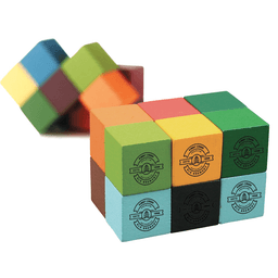 A set of colourful wooden blocks stacked together, featuring a logo on some of the blocks.