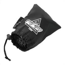 A black drawstring pouch containing two massage balls, featuring a logo on the front.