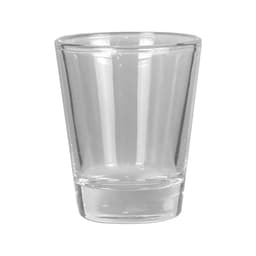 A clear glass shot glass with a tapered design and a solid base.
