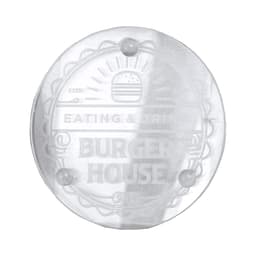 A clear round glass coaster with a logo design and four small feet for stability.