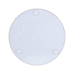 A round glass coaster in a translucent white hue, featuring three raised dots on the underside for grip.
