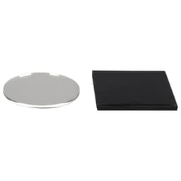 A round glass coaster with a clear surface and a black backing. It features a smooth, reflective finish.