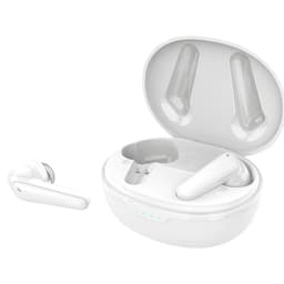 White wireless earbuds in a charging case, displayed open with one earbud outside and a visible logo on the case.