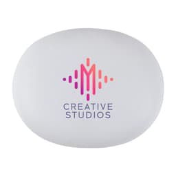 A white charging case designed for earbuds with a branding logo in pink and purple tones.