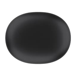 A pair of wireless earbuds in black, presented in a sleek, rounded charging case with a minimalist design.