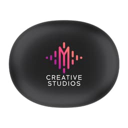 A black case featuring a logo, designed to hold earbuds. The design includes vibrant colours of pink and purple.