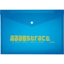 A blue plastic folder with a button closure and a branding logo on the front.